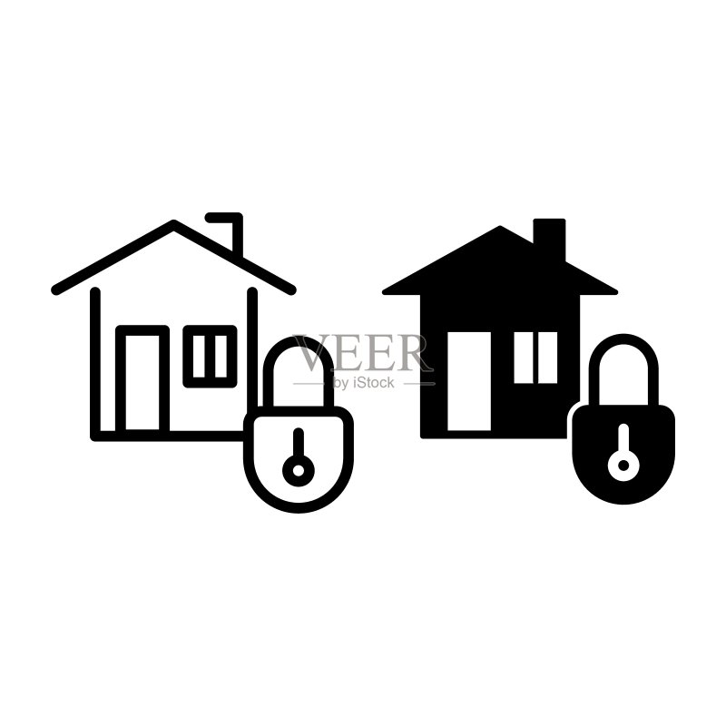 家庭安全线稿和实体图标:带锁的房屋矢量插图图标素材