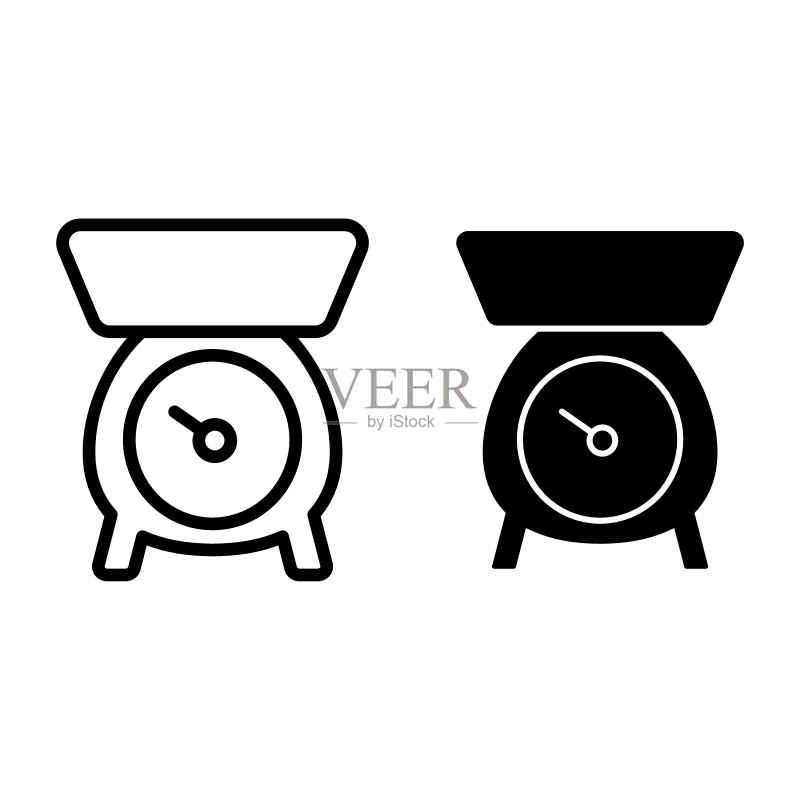 重量线性图标和字形图标。白色背景上的天平矢量图。专为网页和应用程序设计的称重机轮廓样式设计。图标素材