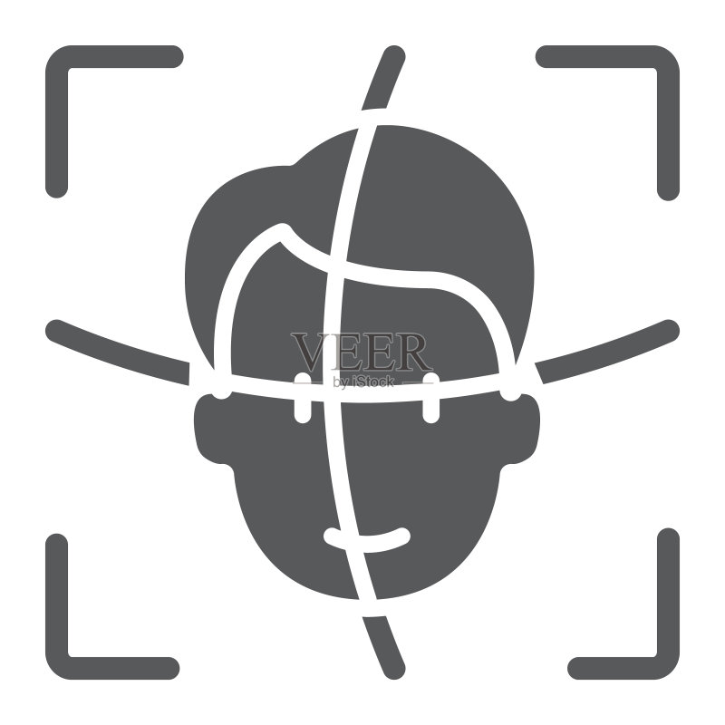 人脸识别Glyph图标,人脸识别和面部识别,人脸扫描标志,矢量图形,白色背景上的实体图案,EPS 10图标素材