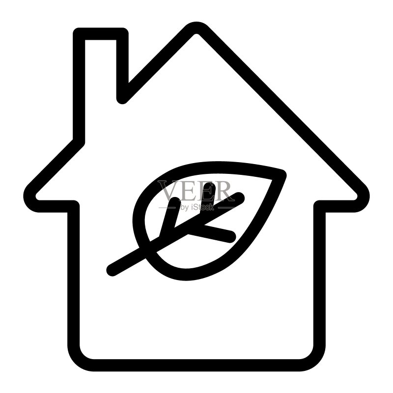 生态房屋线条图标:带树叶的房屋矢量图,白色背景,生态房屋轮廓风格设计,适用于网页和App,EPS 10图标素材