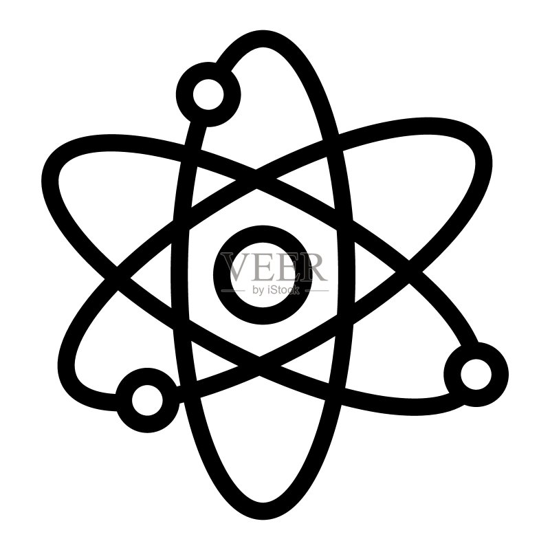 原子线性图标。核能矢量图,白色背景。分子轮廓风格设计,用于网页和App。图标素材