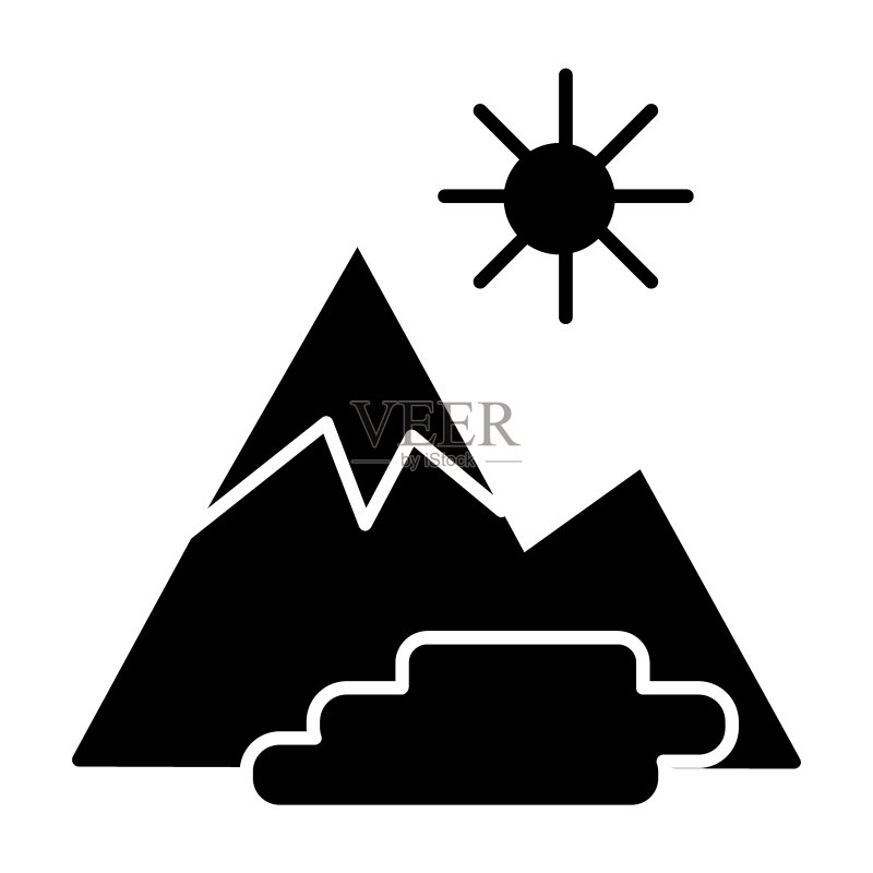 山景实体图标:山、太阳和湖矢量图图标素材