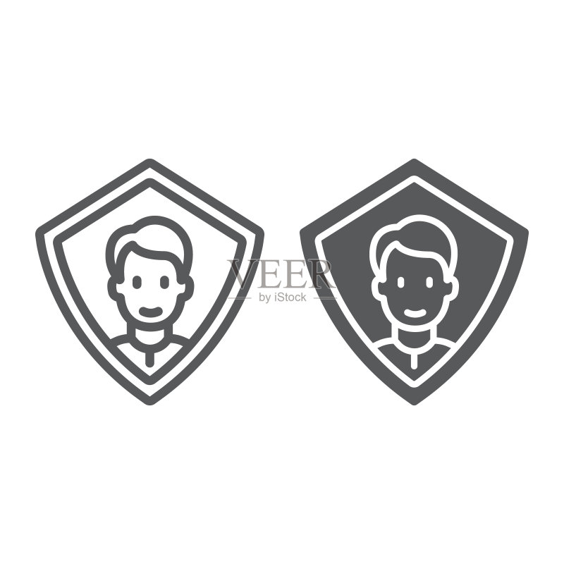 面部识别ID线性及字形图标,面部识别和面部鉴定,面部扫描标志,矢量图形,白色背景上的线性图案,EPS 10。图标素材