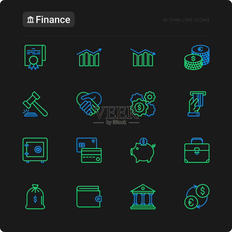 金融细线图标集:保险箱、信用卡、储蓄罐、钱包、货币兑换、锤子、协议、握手、ATM插槽。用于黑色主题的现代矢量图。图标素材