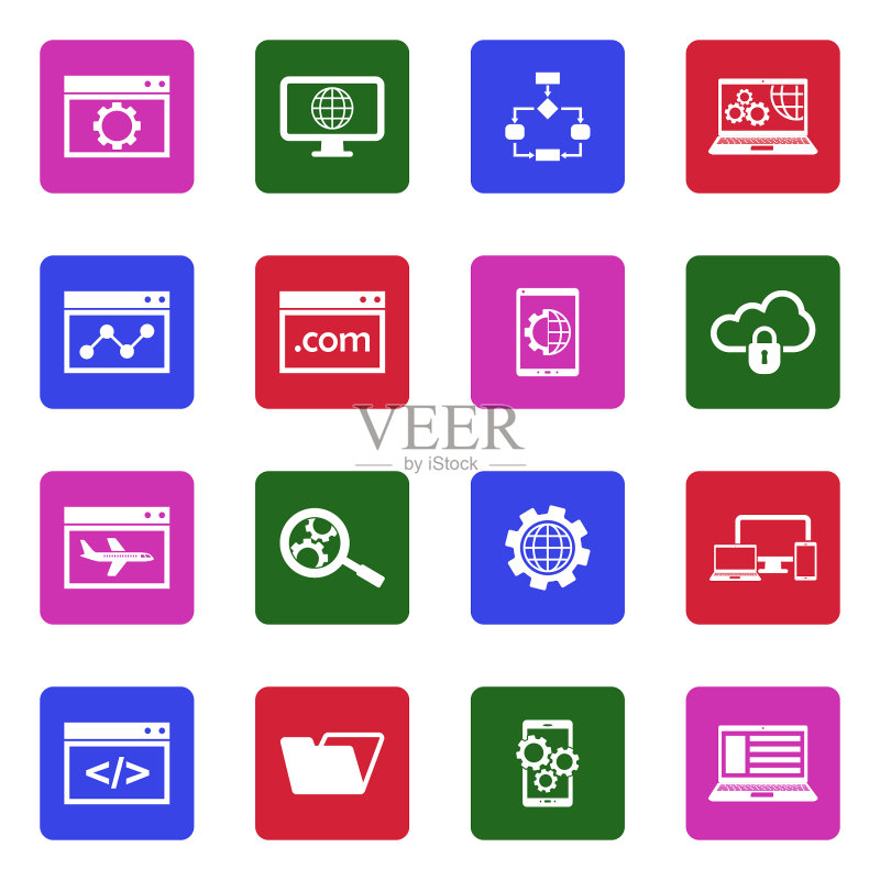 网站开发图标。方形白色扁平设计。矢量图。图标素材