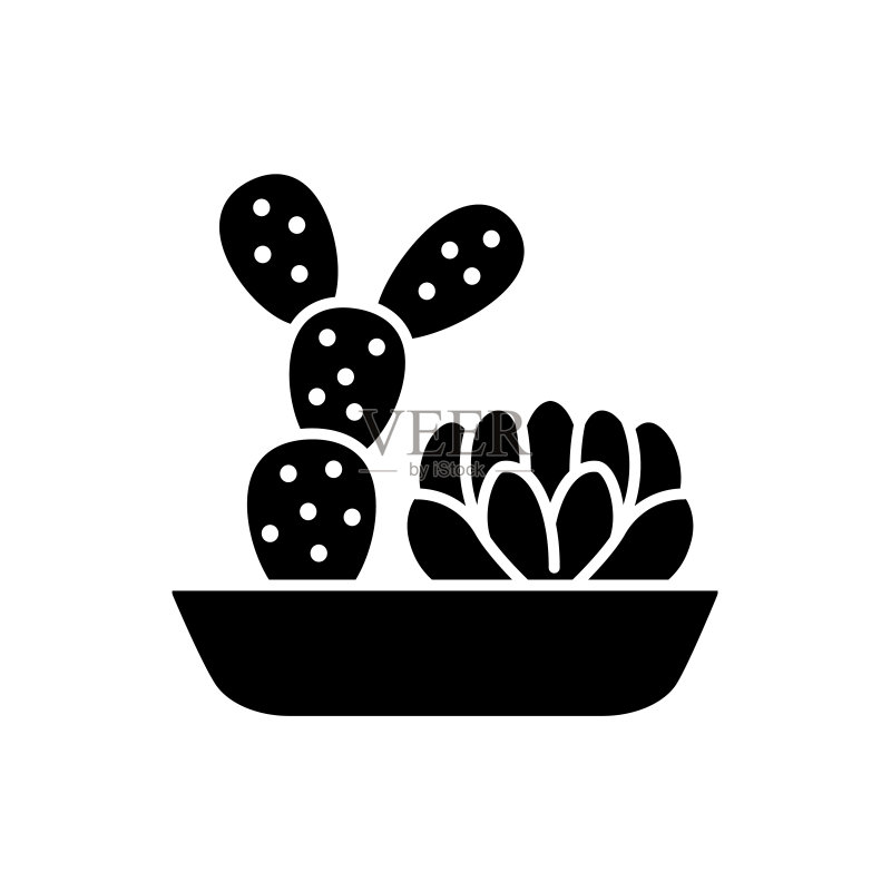 仙人掌花园的矢量插图:盆栽中2株多肉植物的扁平图标,白色背景上的孤立对象,家居装饰元素图标素材