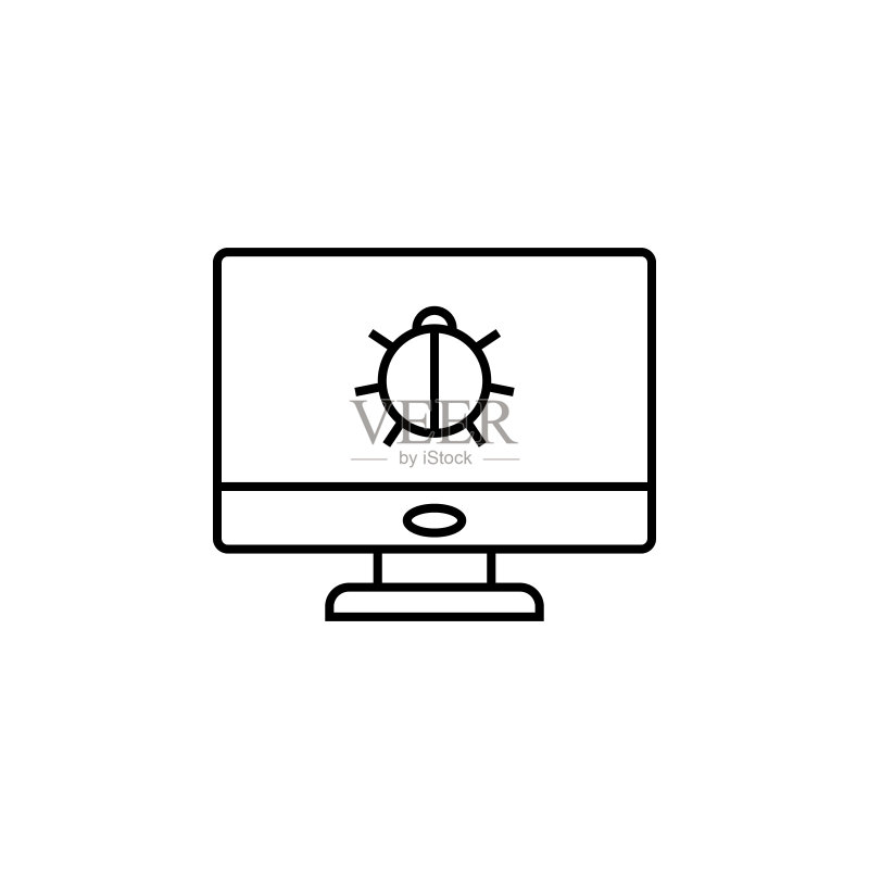 显示器上的甲壳虫图标——网络安全元素,适用于移动概念和Web应用。细线甲壳虫图标可用于Web和移动端图标素材