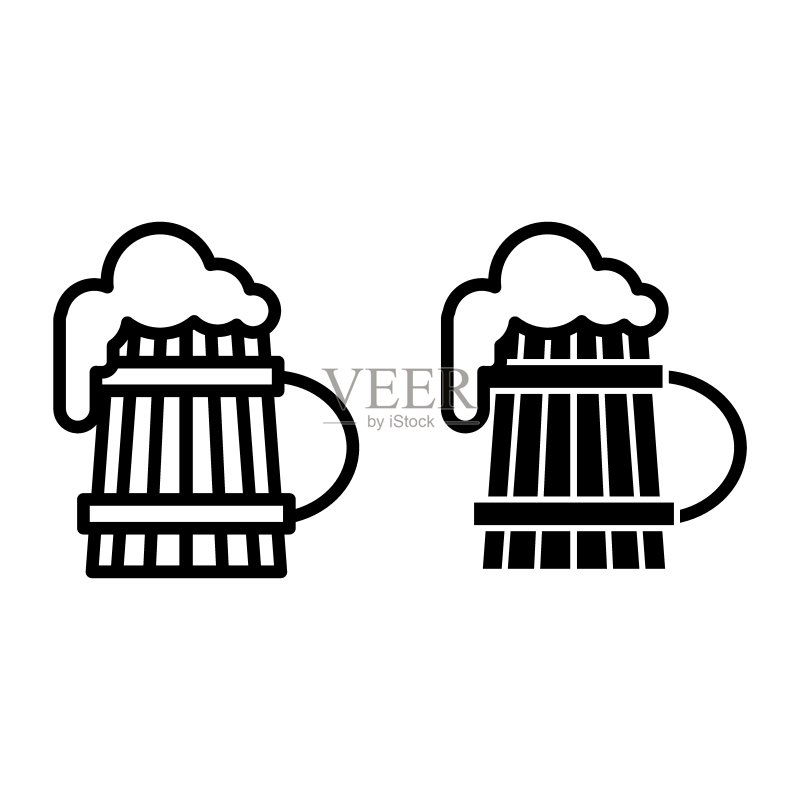 带泡沫线和符号图标的木制啤酒杯,白色背景上的老式啤酒杯矢量图,带泡沫轮廓风格设计的品脱啤酒杯,专为Web和App设计,EPS 10图标素材