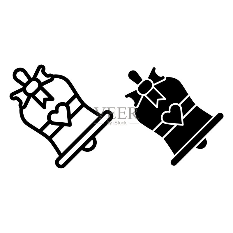 教堂钟声线条和符号图标。带有丝带和心形轮廓的婚礼钟声矢量图,专为网页和应用程序设计。图标素材