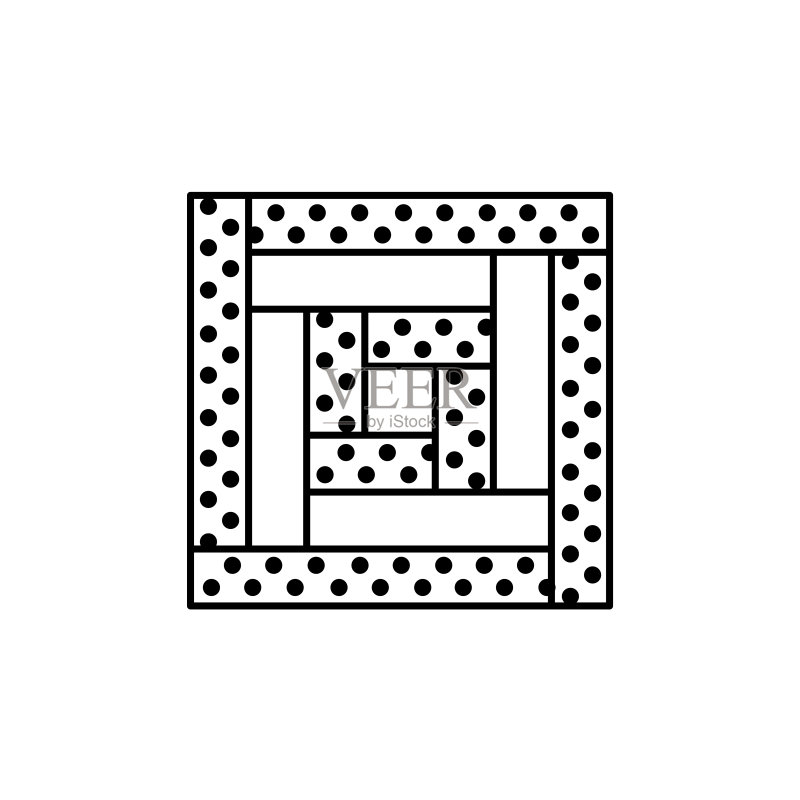 带框方形或小木屋被子图案的黑白矢量图,缝纫和拼凑几何设计模板的线条图标,白色背景上孤立图标素材