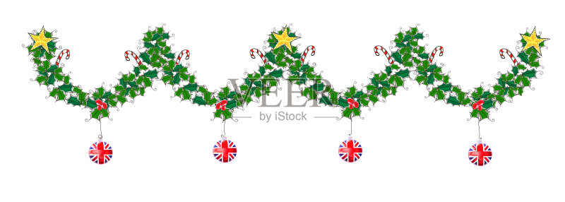 圣诞节无缝边界冬青叶,冬青浆果和英国圣诞球。装饰设计元素正版插画素材