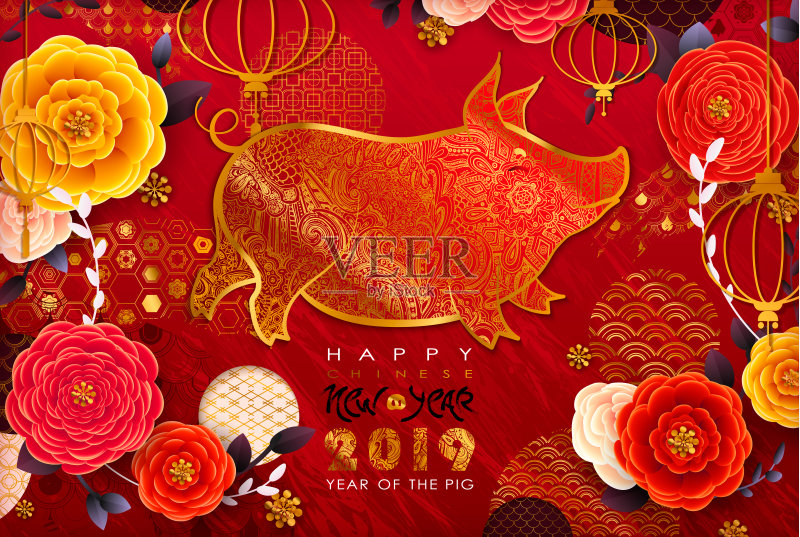 2019年中国新年。生肖猪。正版模板素材