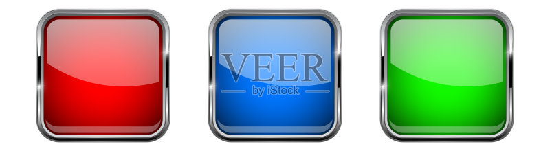 彩色玻璃3D按钮与镀铬框架正方形图标图标素材