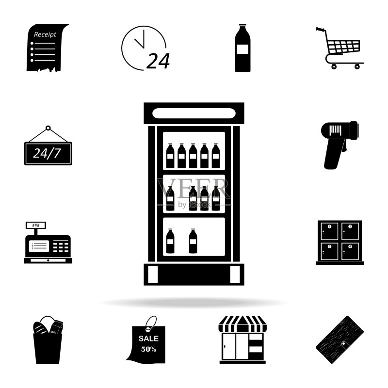 带饮料的展示橱窗图标。Web和移动市场的通用图标集图标素材
