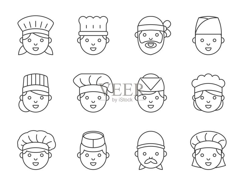 可爱的厨师头像轮廓图标,可编辑描边图标素材