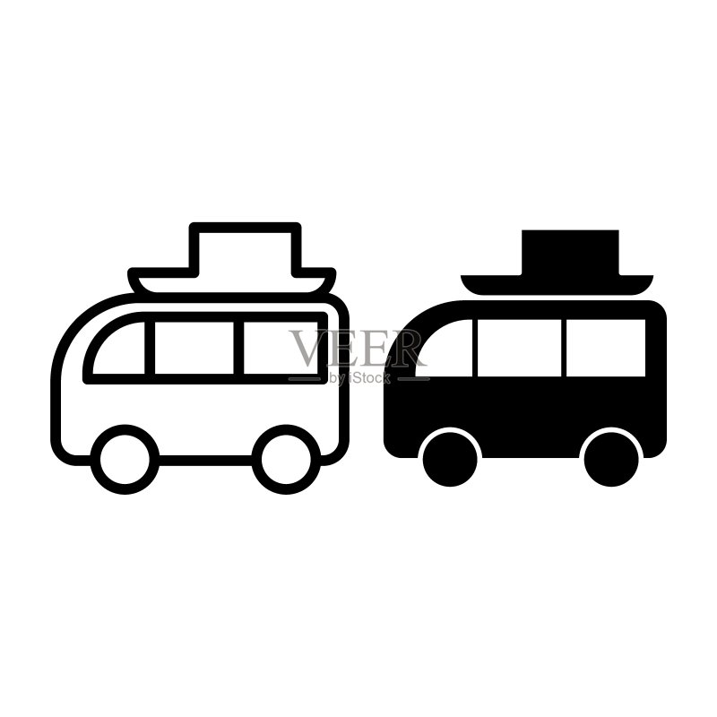 海滩汽车线和图标。带有船只的旅行车矢量插图,与白色背景隔离。为网页和App设计的车辆轮廓样式。图标素材