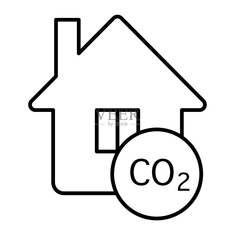 房屋污染细线图标:隔离在白色背景上的房屋和废气示意图,带有二氧化碳轮廓风格设计,适用于网页和应用程序,EPS 10图标素材