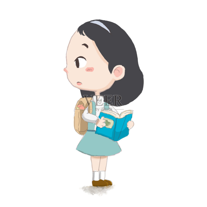 女孩人物设计看与拿着一本书和手提袋。孩子错过的方式概念插图。正版插画素材