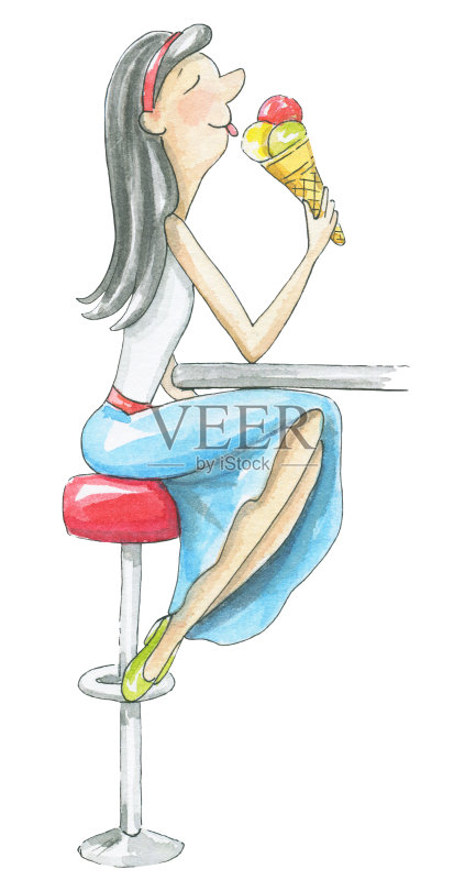 水彩画女孩舔冰淇淋正版插画素材