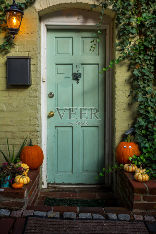 万圣节期间房子入口处的彩色和象形装饰。弗吉尼亚州华盛顿正版图片素材