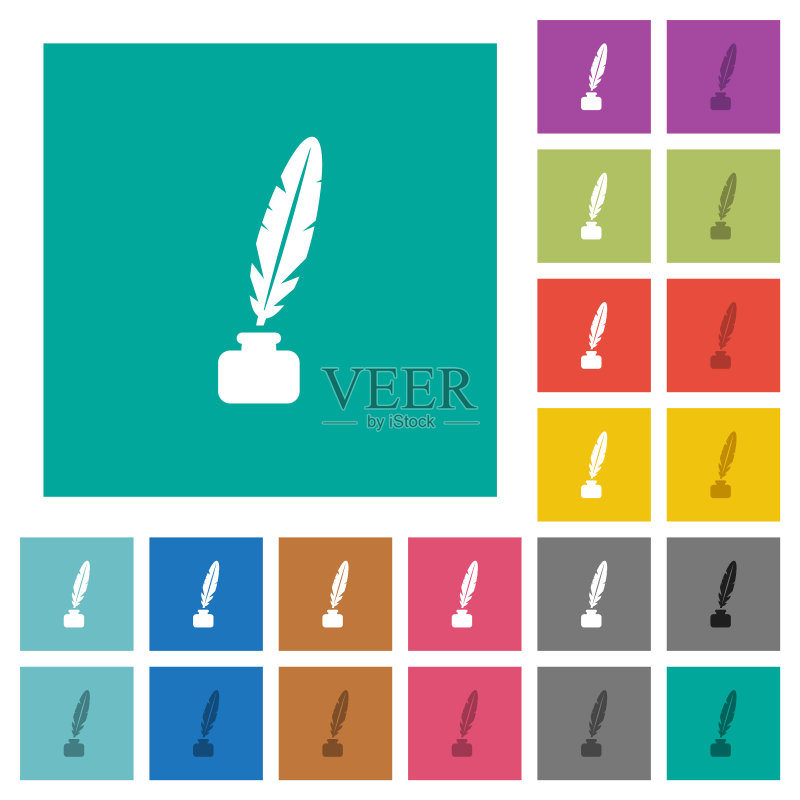 墨水瓶中的羽毛方形扁平彩色图标图标素材