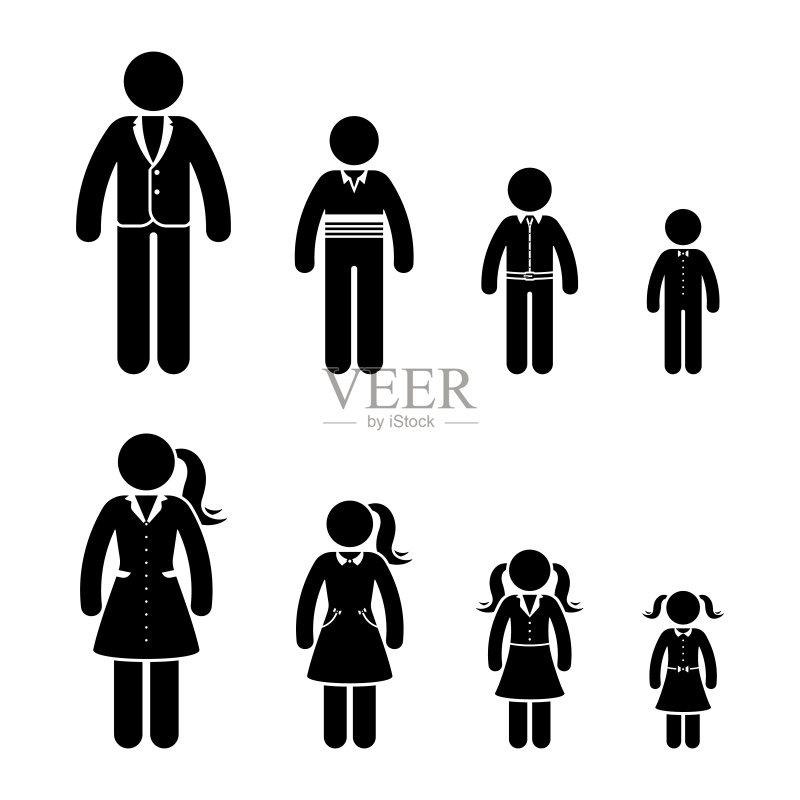 不同年龄段男女的简笔画图标集。 适用于成长中的人的各种人类服装图标素材