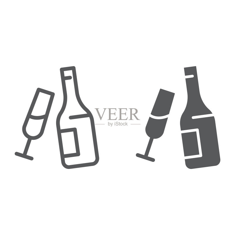 香槟酒瓶和酒杯线性图标,酒精饮料标志矢量图形图标素材