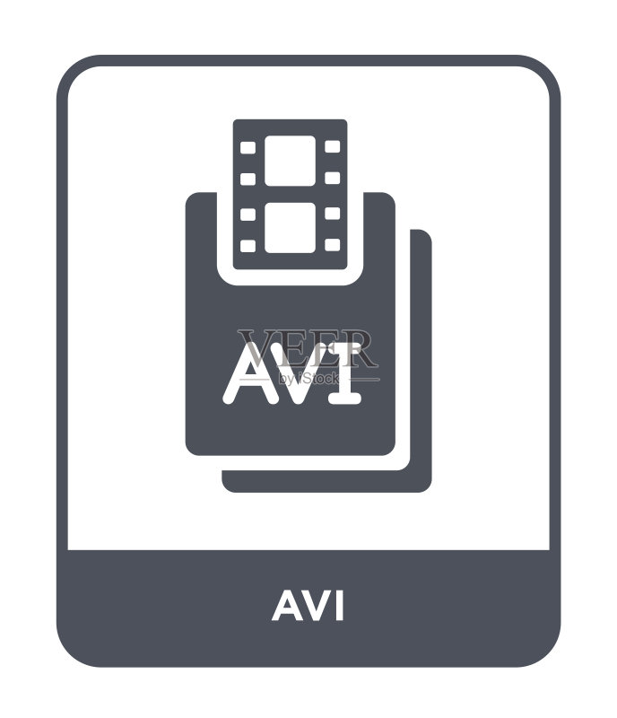白色背景上的AVI图标矢量,文件类型集合中的AVI时尚填充图标图标素材