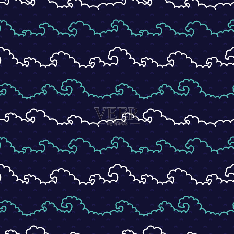 卡通海浪矢量无缝模式。涂鸦波浪深蓝靛蓝背景正版插画素材