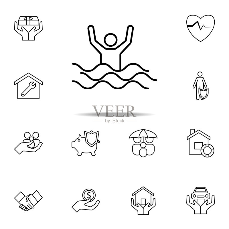 下沉的人线条图标。用于Web和移动设备的保险通用图标集图标素材