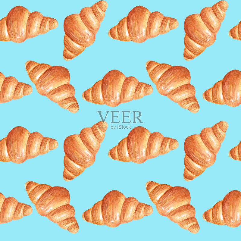 无缝图案的水彩甜点和糕点:羊角面包。正版插画素材