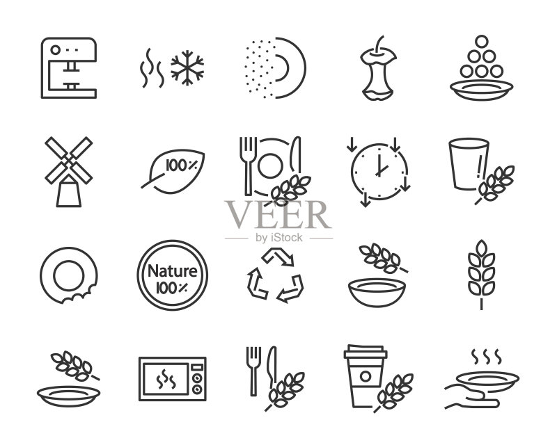 麦麸餐具图标合集:工艺、碗、咬、产品、自然、麦麸制成的盘子图标素材