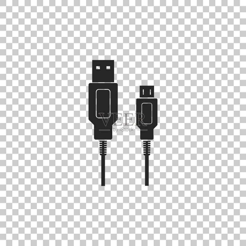 透明背景上隔离的USB Micro电缆图标。用于PC和移动设备的连接器和插座。计算机外围设备连接器或智能手机充电电源。矢量图图标素材