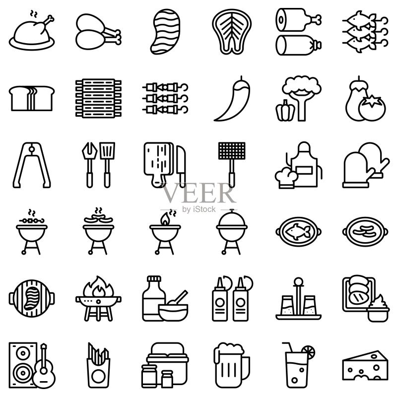 烧烤矢量图标集,线条风格可编辑描边图标素材