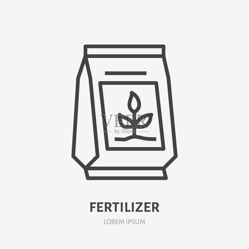 袋装土壤肥料扁平线条图标:植物施肥矢量细线标志图标素材