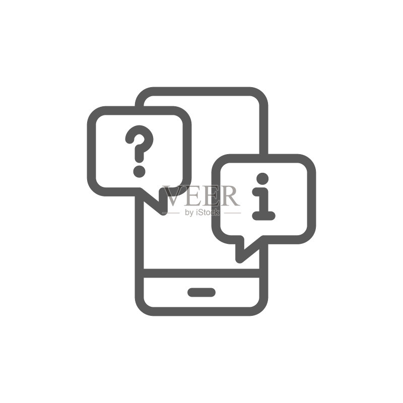 带聊天云、常见问题解答和答案线条图标的智能手机。图标素材