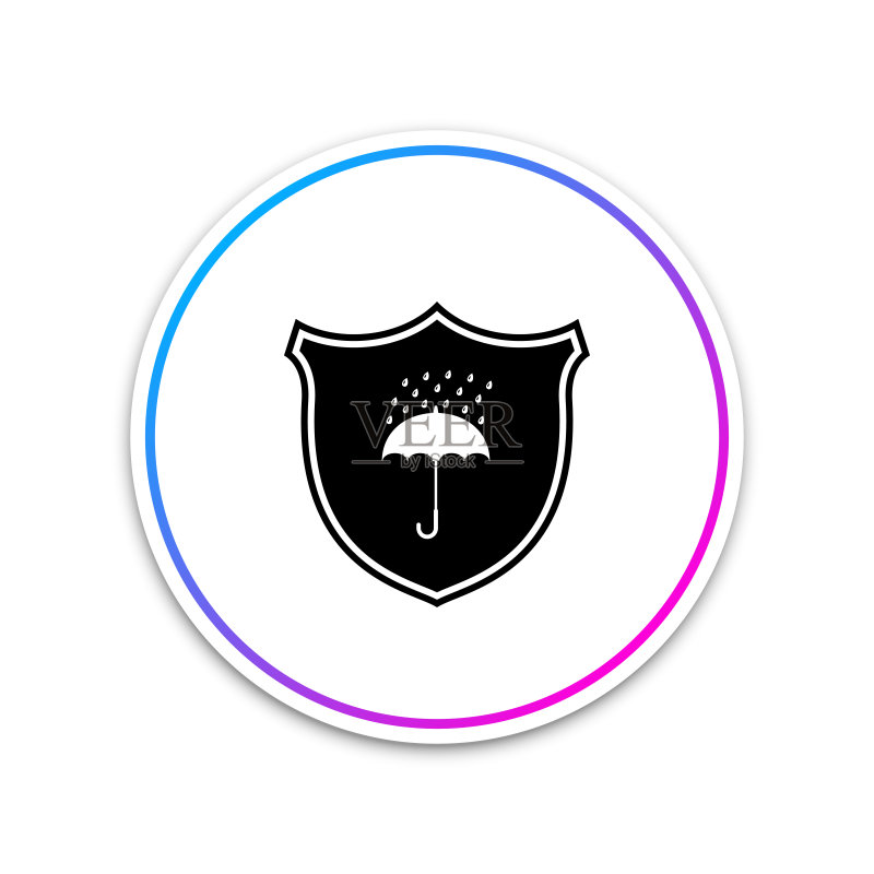 白色背景上的防水图标:防护盾和雨伞,防水保护标志,圆形白色按钮矢量图图标素材