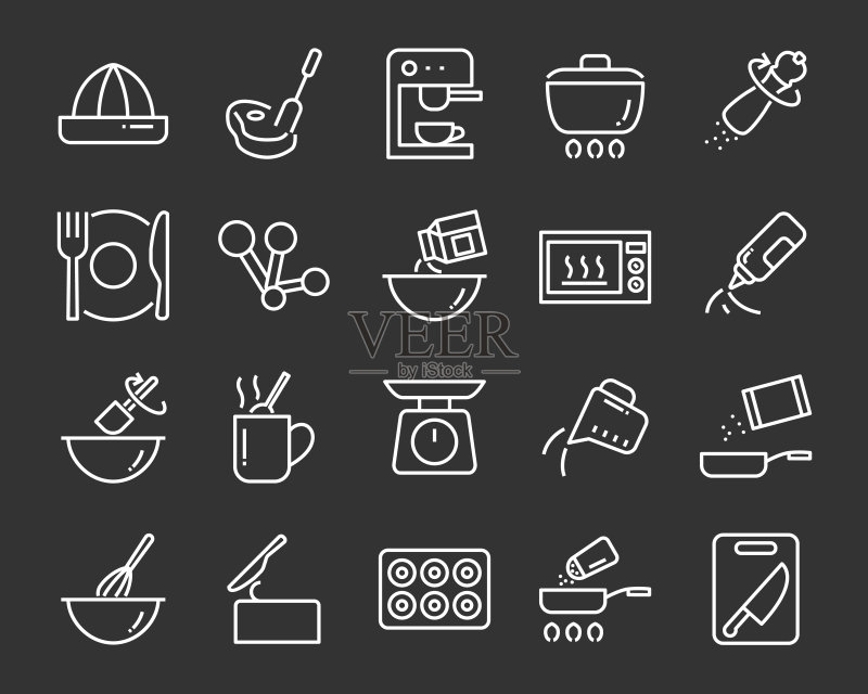 厨房用具图标套装:刀、盘子、烤箱、平底锅、叉子、碗、搅拌机图标素材