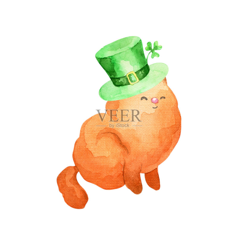 帕特里克天水彩插图。戴着小矮妖帽子的手绘红猫。正版插画素材