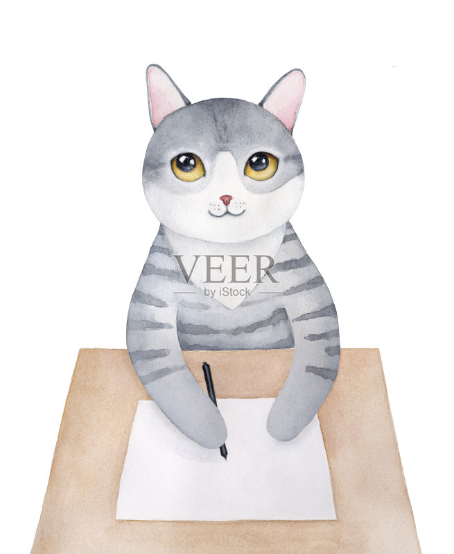 可爱沉思的小猫角色坐在木桌上,用钢笔在干净的纸上沉思地书写。手绘水彩图形上的白色,孤立的剪辑艺术元素的设计。正版插画素材