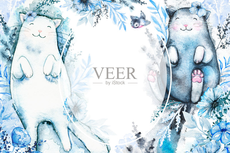 水彩画框架与猫和花正版插画素材