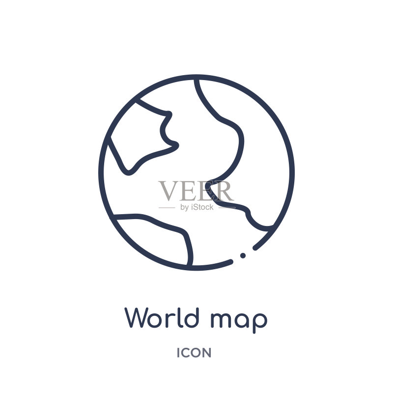 教育系列线性世界地图图标:白色背景上的细线世界地图矢量图图标素材