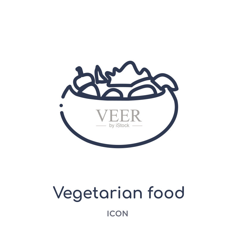 食物轮廓系列中的线性素食图标。在白色背景上隔离的细线素食图标。素食食品流行插图图标素材