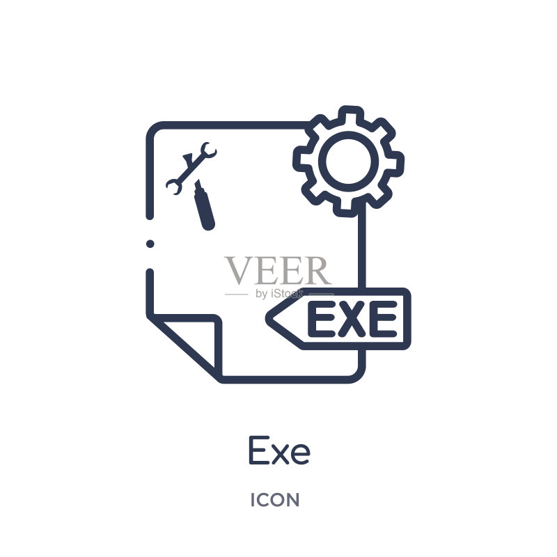 文件类型轮廓系列中的线性EXE图标。白色背景上隔离的细线EXE矢量。EXE时尚插图图标素材