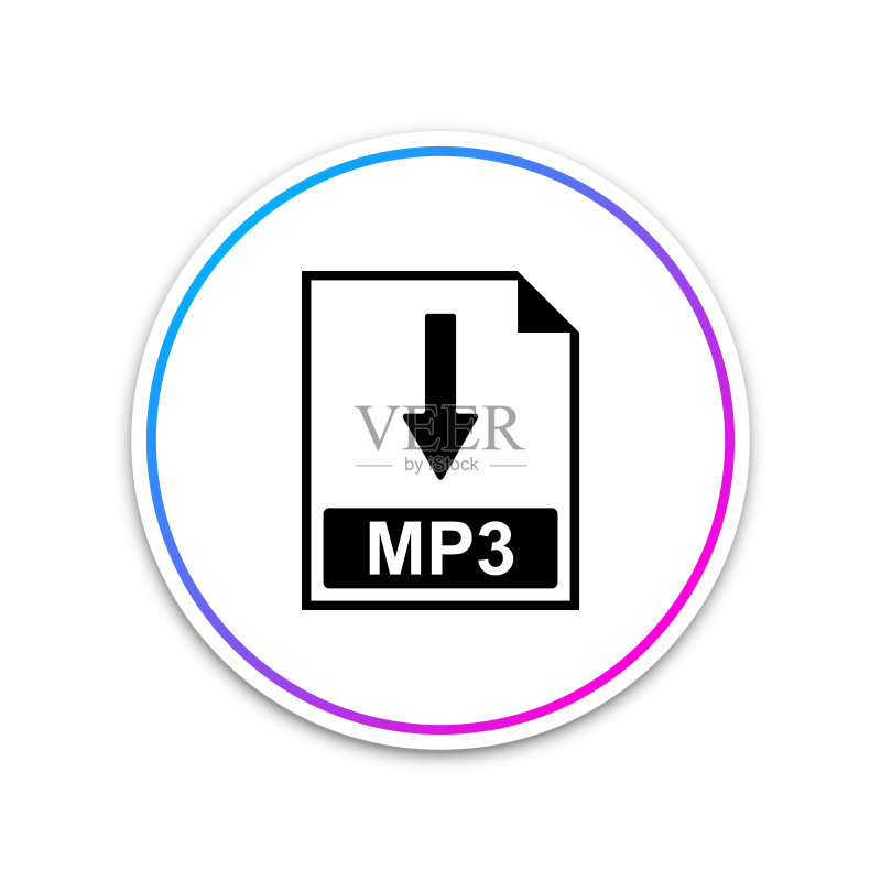 MP3文件图标。下载MP3按钮图标,白色背景隔离。圆形白色按钮。矢量图图标素材