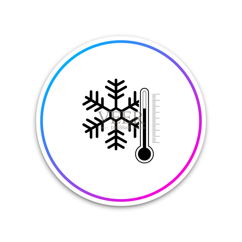 白色背景上的雪花温度计图标,圆形白色按钮,矢量插图图标素材