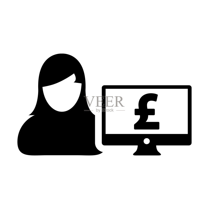 现金图标矢量女性用户个人资料头像与电脑显示器和英镑符号货币符号,用于银行和金融业务的扁平彩色象形图图标素材