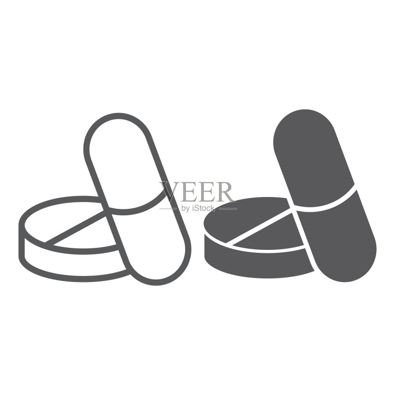 药丸线条字形图标,医疗制药,胶囊符号,矢量图形,白色背景上的线性图案。图标素材