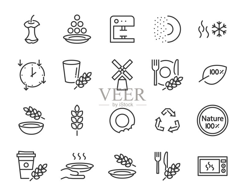 麦麸餐具图标合集:工艺、碗、咬、产品、自然、麦麸制成的盘子图标素材