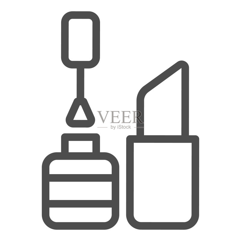 口红和刷子线条图标。化妆品标志矢量图,与白色背景隔离。美容院轮廓风格设计,专为网页和应用程序设计。EPS 10。图标素材
